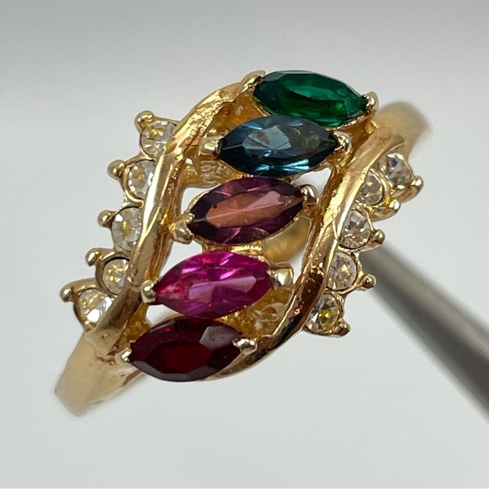 Roman Vintage Gold Tone Multi Color Crystal Glass Ring Statement Art Deco 12.5